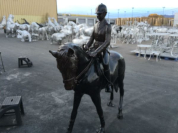 equestrian girl on bronze painted horse aluminum statue front right view