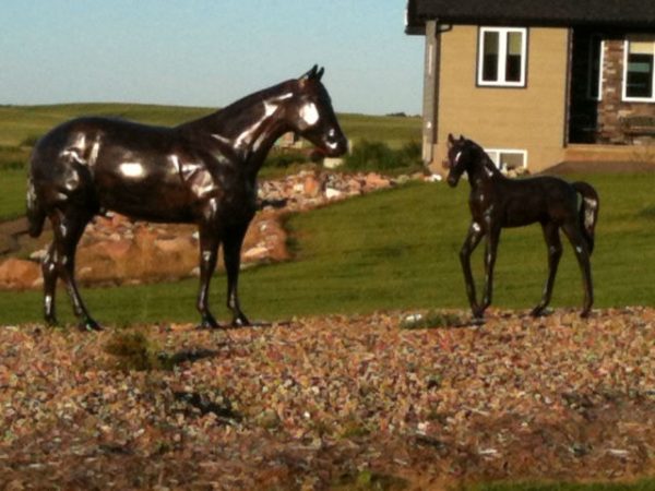 medium horse with foal in grass aluminum statue